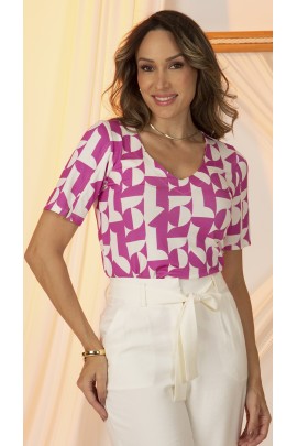 034213- Blusa Ramany Estampada Geomérica Rosa